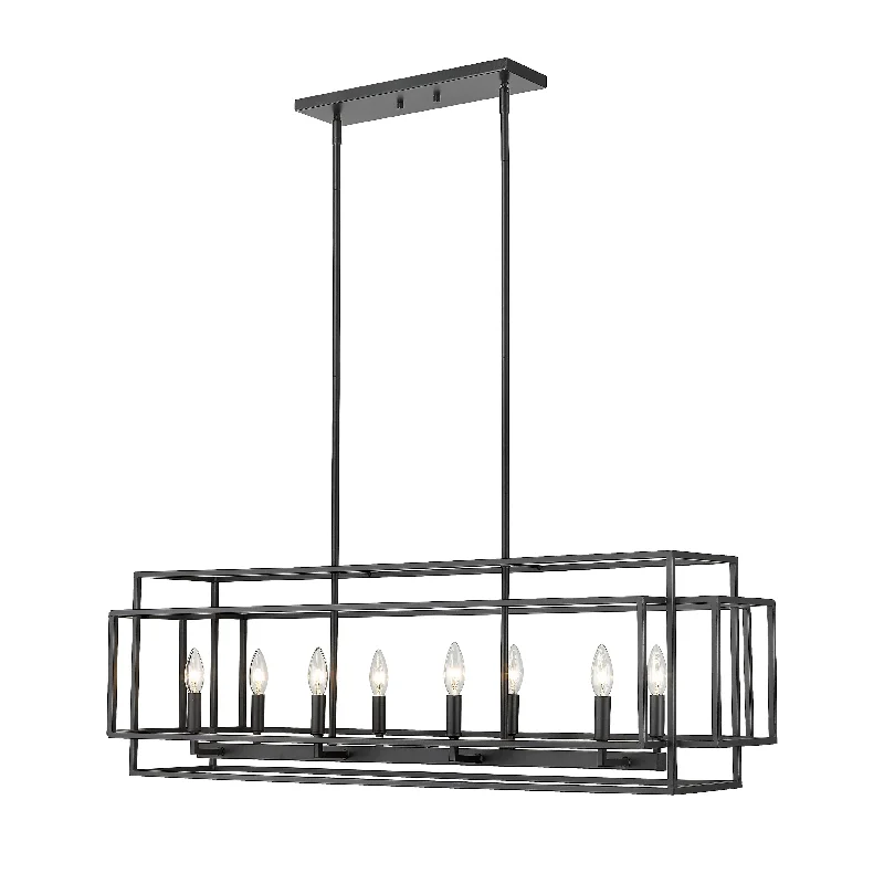 Chandeliers with Metal Frames in Black FinishChandeliers with Metal Frames in Black FinishTitania 8 Light Matte Black Linear Chandelier. Chandeliers with Metal Frames in Black FinishChandeliers with Metal Frames in Black FinishTitania 8 Light Matte Black Linear Chandelier.