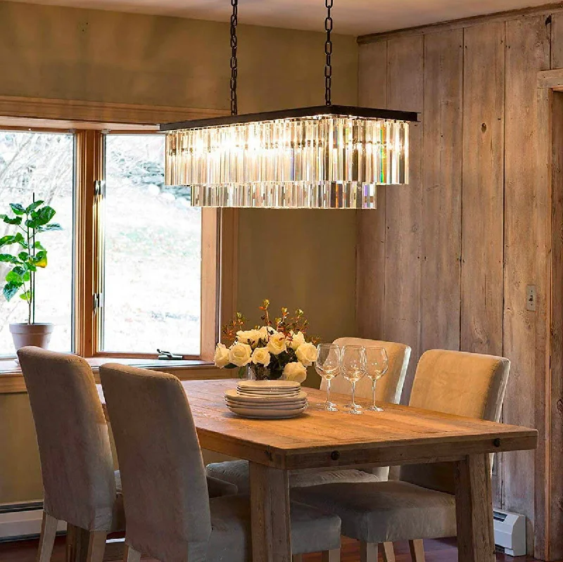 Chandeliers with Metal Frames in Bronze FinishChandeliers with Metal Frames in Bronze FinishVintage Clear Crystal Rectangular Chandelier - Dining Room